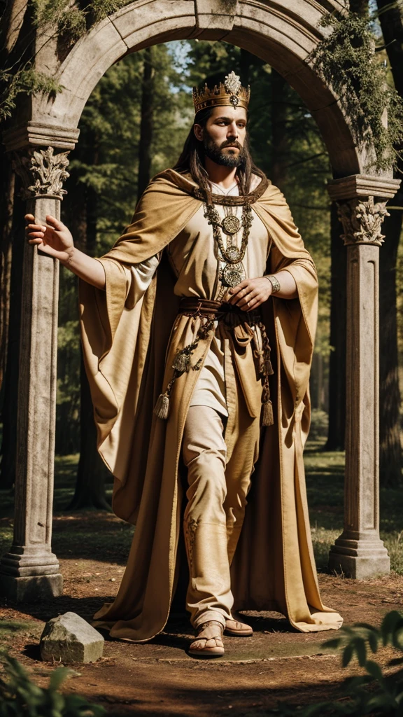 Design a majestic king in robes inspired by ancient European pagan traditions with a crown featuring symbols like the pentagram and natural elements. The scene should include forests and stone circles.