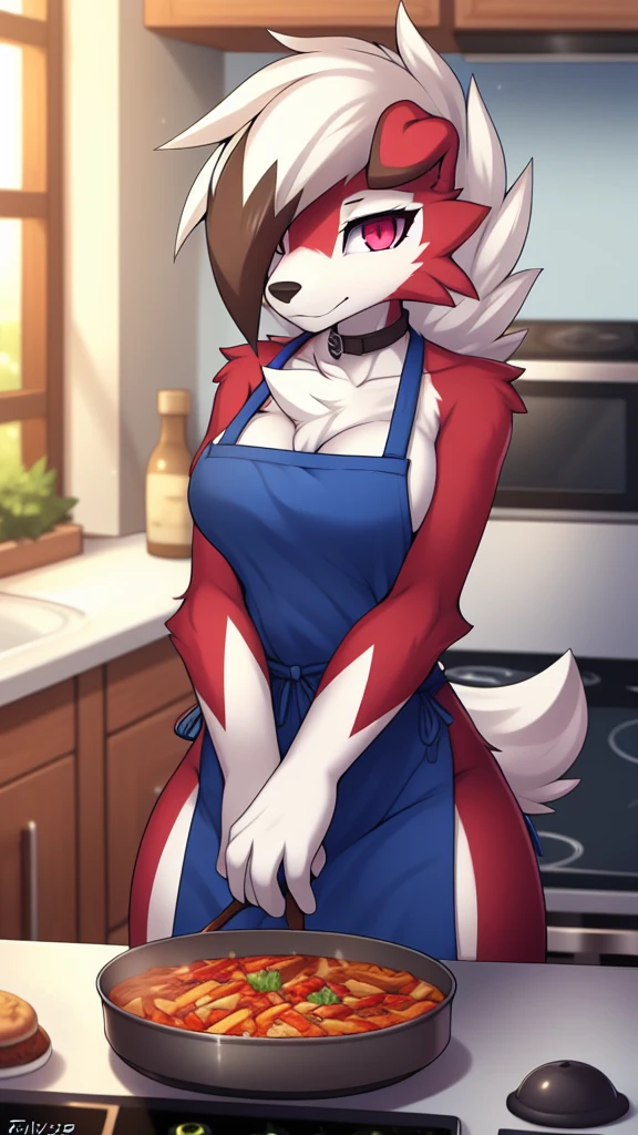 By zinfyu,by twistedscarlet60, uploaded on pixiv, by fluff-kevlar, (masterpiece), (best quality), (solo female:1.2), (extremely detailed:1.3),(detailed eye,black circle on eye,pink eye), lycanroc midnight, view on viewer, close view, wearing cooking apron,in kitchen,cooking food, (tail:1.1), closeup photo of lycanroc, 
