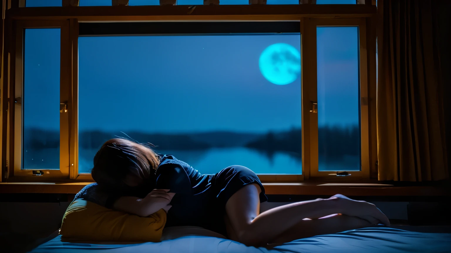 A girl falls asleep at a window with a moonlit night sky in the background