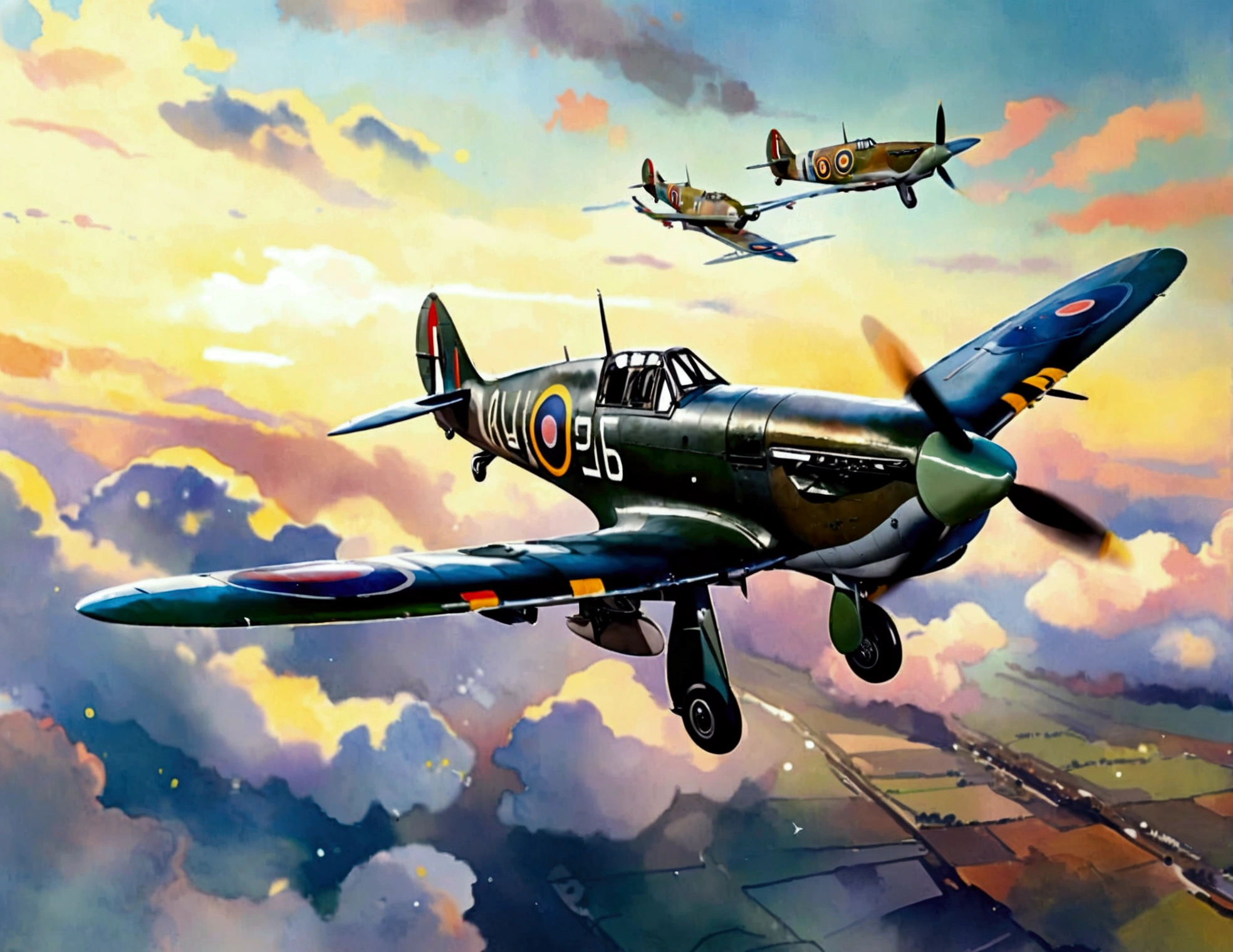 world war 2 spitfire aircraft flying with blurred sky background. (watercolor), (minimalist style coloring)