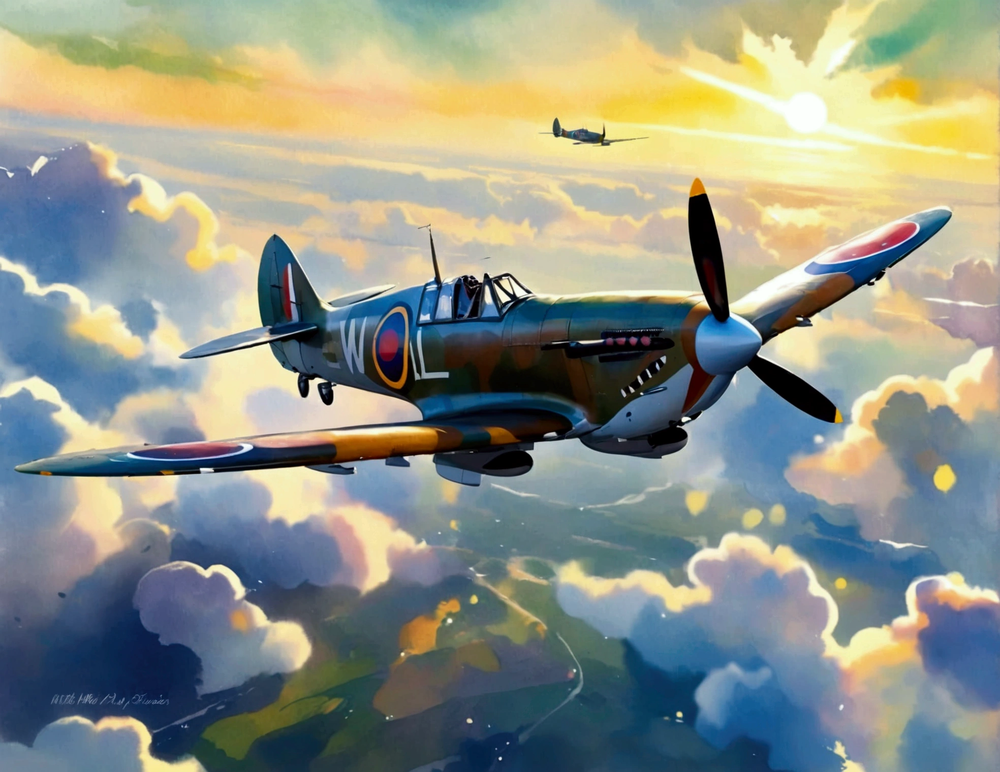 world war 2 spitfire aircraft flying with blurred sky background. (watercolor), (minimalist style coloring)