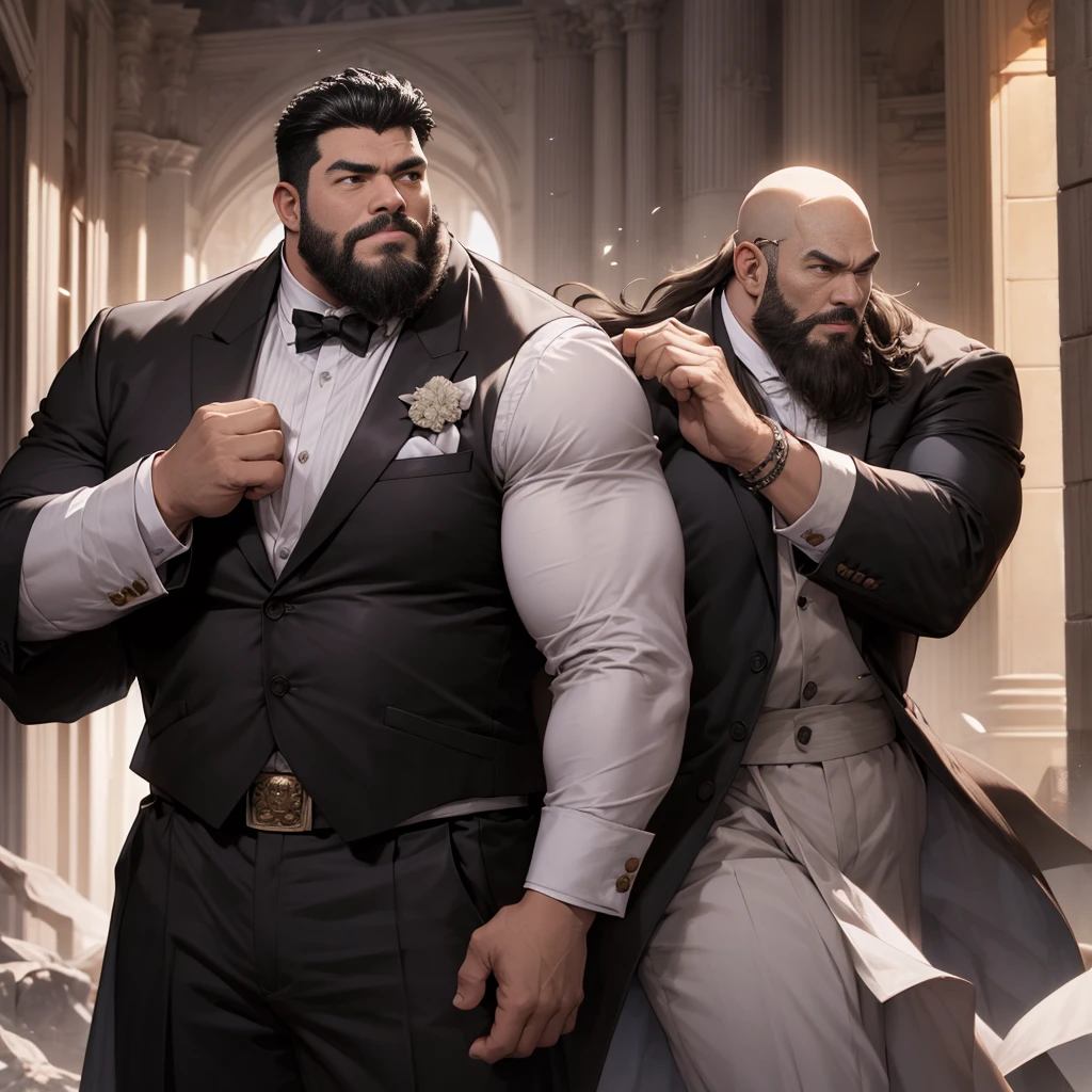 American man、髪の毛がない、スキンヘッドdark skin color、big body、strong beard、Very large body、Very large muscles、wearing a black long-sleeved tuxedo、6 pack、Crisp face、Muscle Pose、detailed crotch、and draw the whole body、Bald head、Plump crotch、Lack of hair