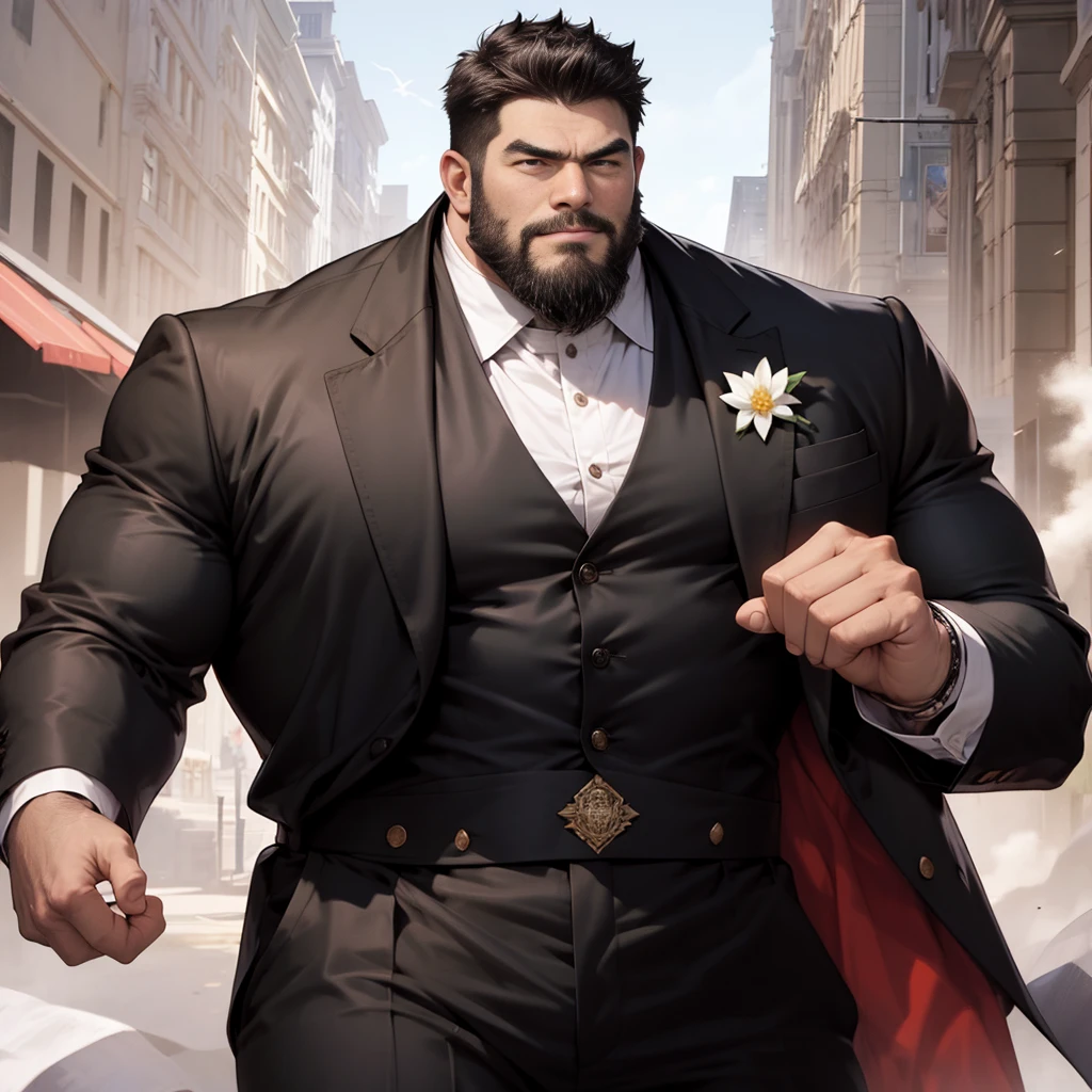 American man、髪の毛がない、スキンヘッドdark skin color、big body、strong beard、Very large body、Very large muscles、wearing a black long-sleeved tuxedo、6 pack、Crisp face、Muscle Pose、detailed crotch、and draw the whole body、Bald head、Plump crotch、Lack of hair