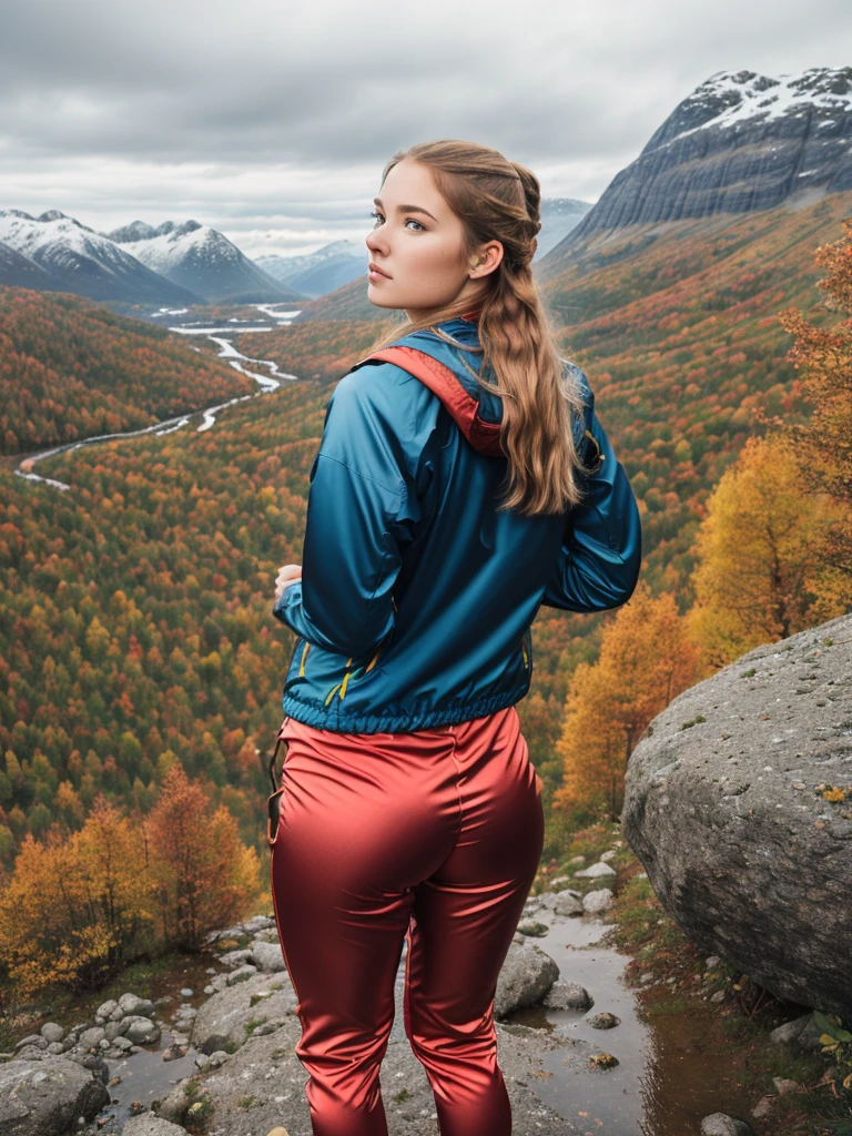 Naturescape photography; mountain climbing; Full body view; (1woman:0.5, solo), (slender body), (Small breasts) , (soaking wet red wind jacket ,tight satin Pants, terrain running shoes, big rucksack), standing on a mountain peak, Rough track, boulders , (long yellow hair), (nordic girl, 26-year-old, ultra delicate face, ultra Beautiful face, ultra delicate eyes, ultra detailed nose, ultra detailed mouth, ultra detailed facial features, natural skin, blemishes, blue eyes), (breasts are small: 0.5) (face is shiny:0.8), (natural skin:1  m, (Spectacular autumn rain, mountain views, with rugged Norwegian mountain ranges in the distance ), (Highest Quality, hyper-realistic:1.3, Super dense, very detailed illustration, Best image quality, very detailed illustration) natural skin, blemishes, detail skin texture, full body pose, natural skin poors, (((shot straight from the behind ))) she is uncomfortable and cold, afraid, sexy Ass, candid Ass,