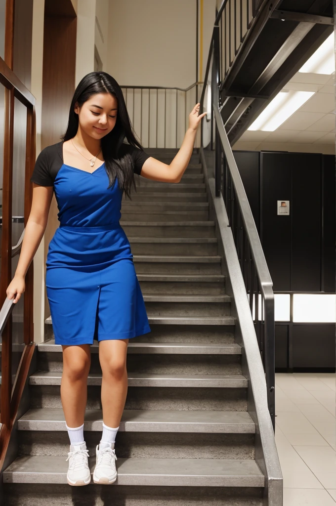 A student trying to grab teacher hand on stairs