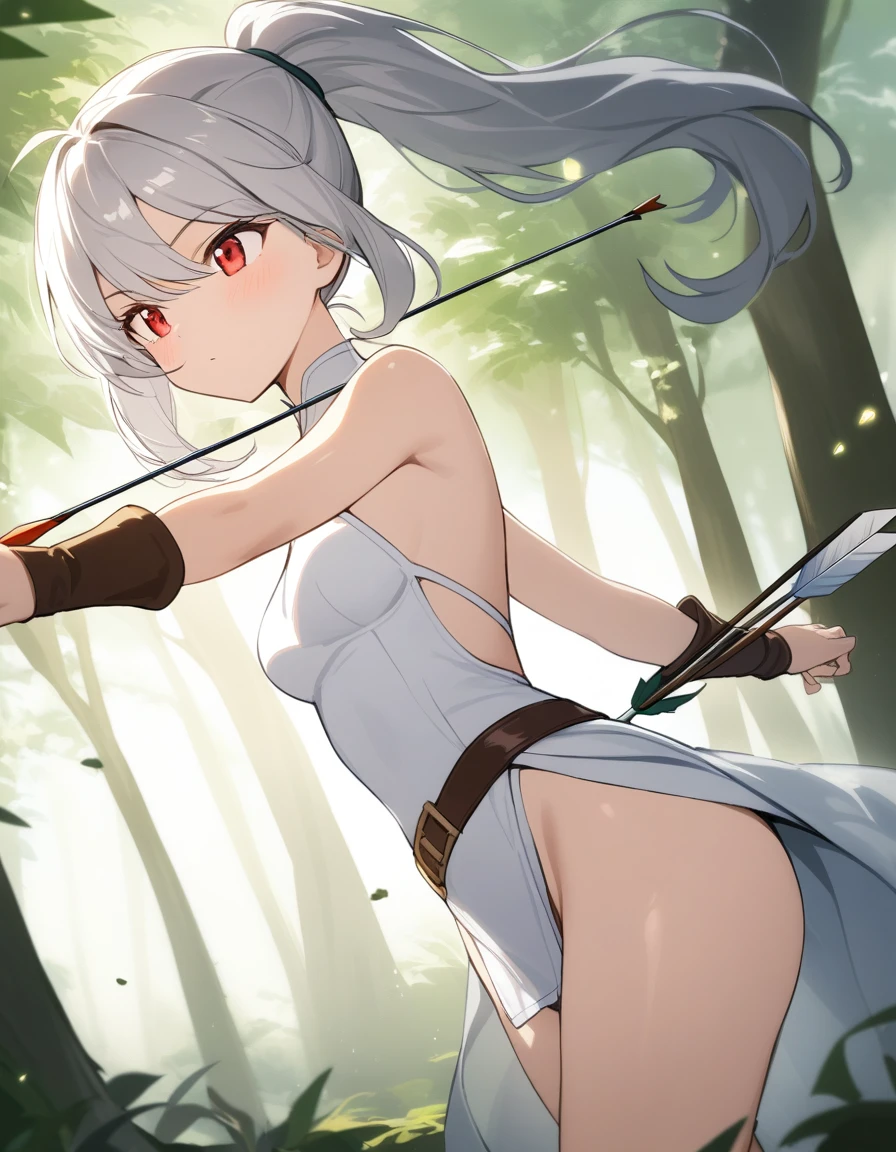 1 girl, windy forest background, shiny backlight, battle scene, bowing arrow, volumy long ponytail, silver hair, red eyes, middle breasts, her hair is fluttering down, white fantasic leotard outfit, white long loincloth,brown belts, long Quiver of Arrows behind back, strongly draw the bowstring shooting arrow, holding bow,open legs,open thighs, arched back, scerious, aiming, gazing, cowboy shot, looking side, masterpiece, best quality, general, rotated composition,