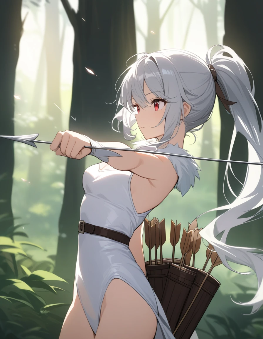 1 girl, windy forest background, shiny backlight, battle scene, bowing arrow, volumy long ponytail, silver hair, red eyes, middle breasts, her hair is fluttering down, white fantasic leotard outfit, white long loincloth,brown belts, long Quiver of Arrows behind back, strongly draw the bowstring shooting arrow, holding bow,open legs,open thighs, arched back, scerious, aiming, gazing, cowboy shot, looking side, masterpiece, best quality, general, rotated composition,