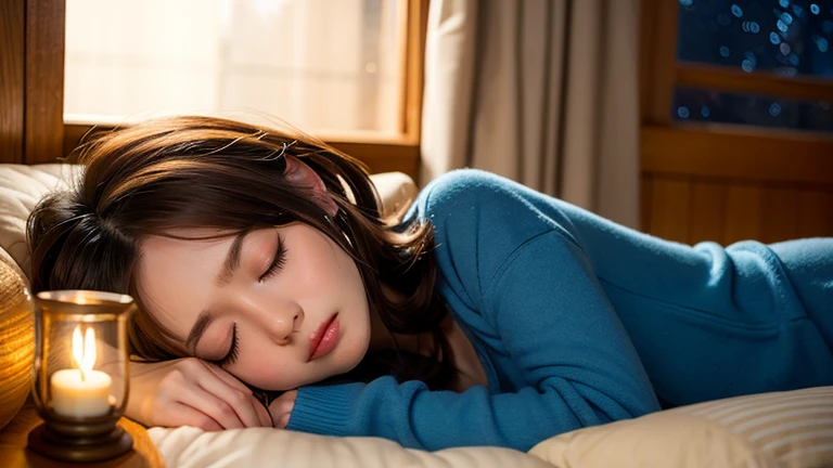 sleeping woman、sleepy anime girl、Small face、Bronze colored hair、bed、Large windows、Large windowoonlit Night、sleep、8K、Cinematic、Anime Style、The window is a starry sky、healing、暗いbedルーム、The lamp lights up。