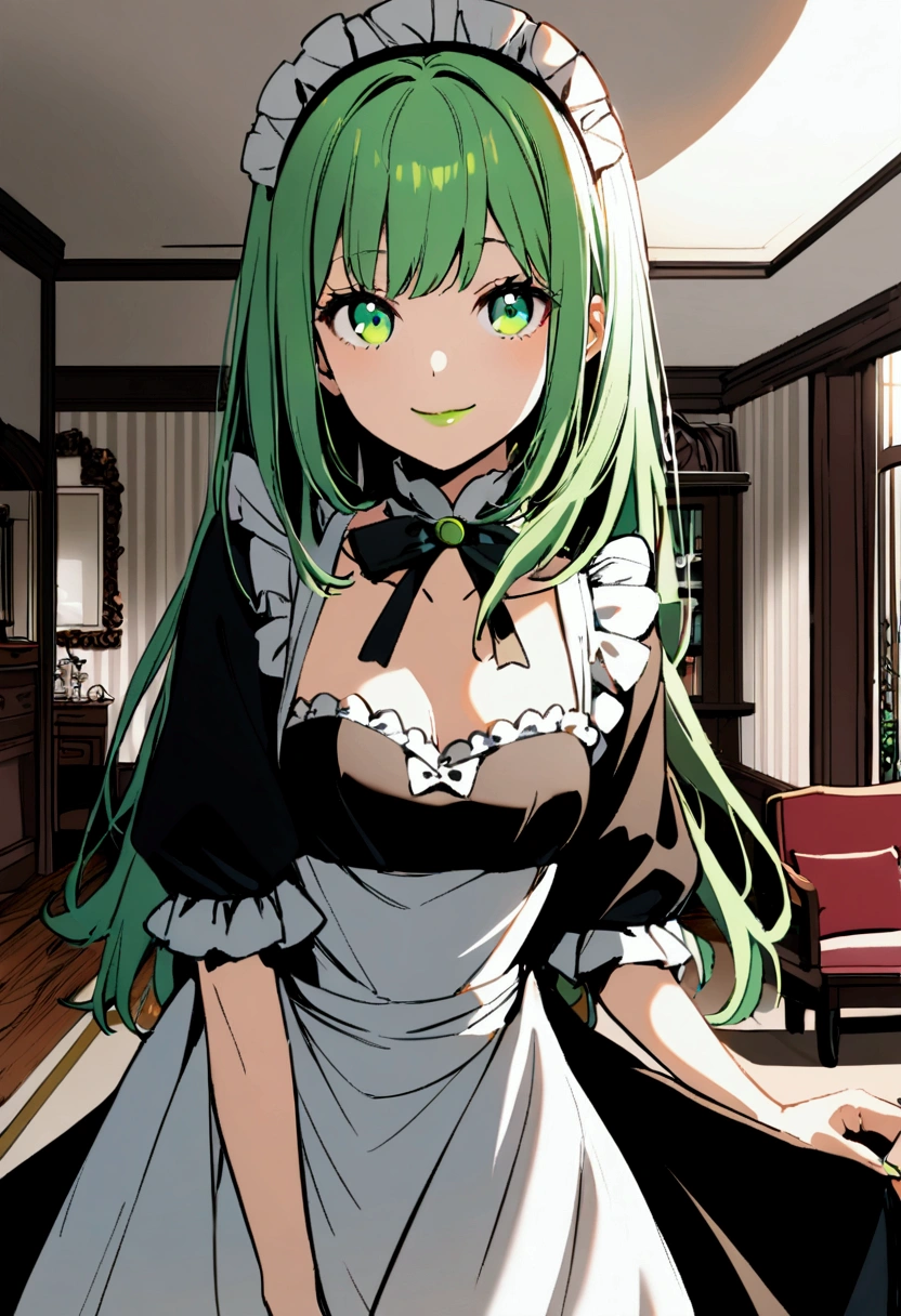 1girl with medium green hair, green eyes, green lips, maid uniform, decolletage, smiling, rich living room, indoors, young face