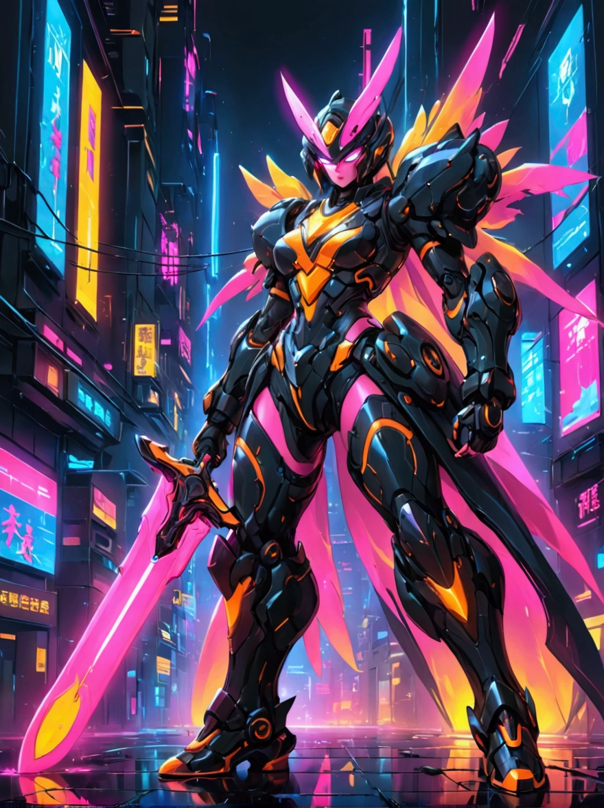 A futuristic warrior, resplendent in glowing armor of vibrant neon shades, stands poised in an active, dynamic stance. The warrior, whose descent is South Asian and gender is female, grasps a light-emanating sword with an air of readiness and intensity. The scene captures the aesthetics of cyberpunk, painted digitally with bold, adventurous brush strokes that mimic the flow and urgency of the situation. Billows of energy erupt around her, as if the city nightscape itself is reacting to her presence. It's a whirlwind of luminosity and avant-garde futurism, encapsulating a cyberpunk warrior's resolve in the face of adversity