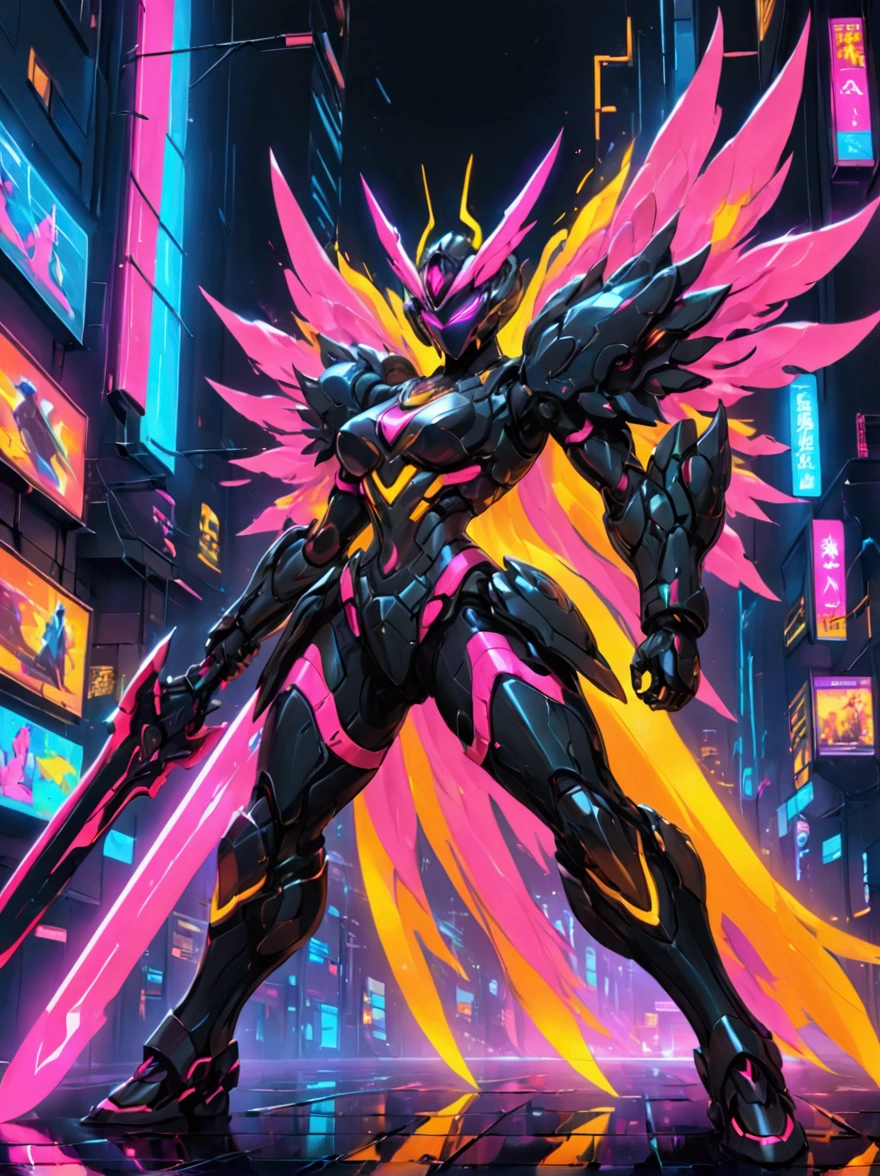 A futuristic warrior, resplendent in glowing armor of vibrant neon shades, stands poised in an active, dynamic stance. The warrior, whose descent is South Asian and gender is female, grasps a light-emanating sword with an air of readiness and intensity. The scene captures the aesthetics of cyberpunk, painted digitally with bold, adventurous brush strokes that mimic the flow and urgency of the situation. Billows of energy erupt around her, as if the city nightscape itself is reacting to her presence. It's a whirlwind of luminosity and avant-garde futurism, encapsulating a cyberpunk warrior's resolve in the face of adversity