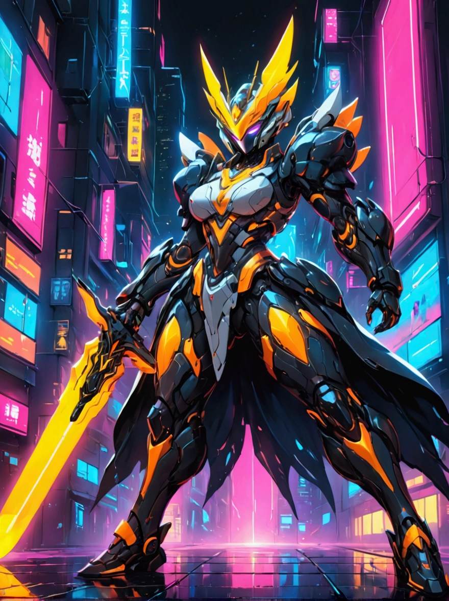 A futuristic warrior, resplendent in glowing armor of vibrant neon shades, stands poised in an active, dynamic stance. The warrior, whose descent is South Asian and gender is female, grasps a light-emanating sword with an air of readiness and intensity. The scene captures the aesthetics of cyberpunk, painted digitally with bold, adventurous brush strokes that mimic the flow and urgency of the situation. Billows of energy erupt around her, as if the city nightscape itself is reacting to her presence. It's a whirlwind of luminosity and avant-garde futurism, encapsulating a cyberpunk warrior's resolve in the face of adversity