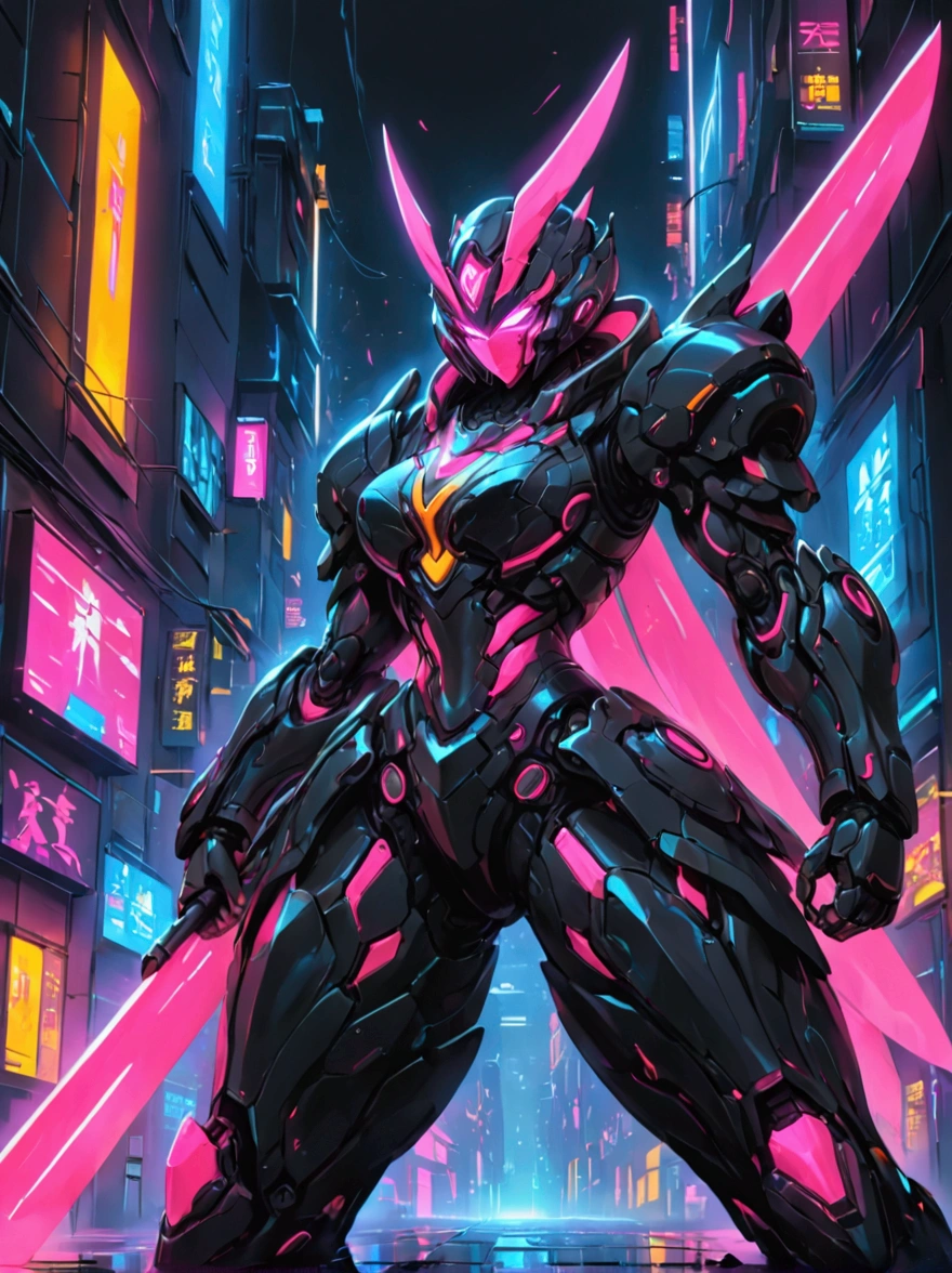 A futuristic warrior, resplendent in glowing armor of vibrant neon shades, stands poised in an active, dynamic stance. The warrior, whose descent is South Asian and gender is female, grasps a light-emanating sword with an air of readiness and intensity. The scene captures the aesthetics of cyberpunk, painted digitally with bold, adventurous brush strokes that mimic the flow and urgency of the situation. Billows of energy erupt around her, as if the city nightscape itself is reacting to her presence. It's a whirlwind of luminosity and avant-garde futurism, encapsulating a cyberpunk warrior's resolve in the face of adversity