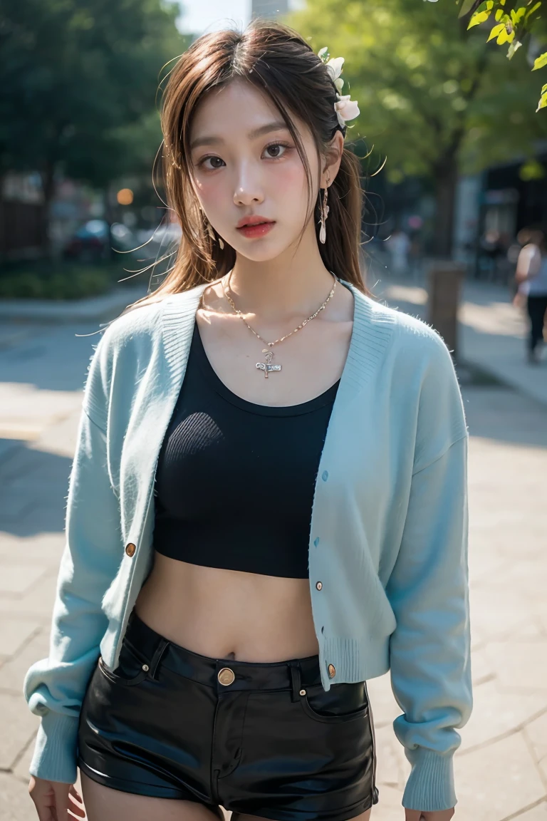 1 girl, best quality, masterpiece, high resolution, [purple|sliver|green] _hair, black miniskirt, hair accessory, necklace, jewelry, beautiful face, looking forward, full body view, realistic, outdoor, modern square, two-tone lighting, (high detail skin: 1.2), 8k UHD, dslr, soft light, high quality, volumetric light, candid, photo, high resolution, 4k, 8k, background blur