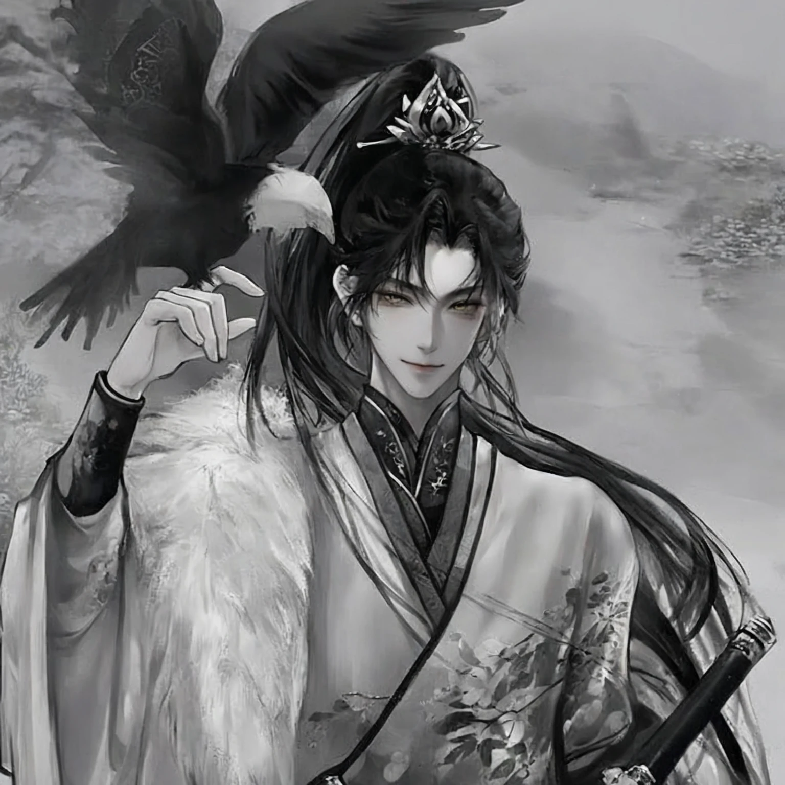 (masterpiece, highest quality, highest quality, Official Art, beautifully、aesthetic:1.2), (1 Men:1.3), (Fractal Art:1.3), highest quality, Realistic, Super detailedな, (Shiny skin:1.4), View Viewer, thin,alone, Silver Hair、Golden Eyes、Dynamic Lighting, High resolution, Sharp focus, Depth of written boundary, Side bust, Fox Ears、animal, Wolf Ears, masterpiece, highest quality, Super detailed, figure, Super detailed face, highest quality face, evil, 30 years old, Adult, Alchemy Outfit, Intricate and elaborate costumes, Sexy pose, Shiny black Hanfu,digital art, Detailed drawn eyes, Blushing,(Flower garden background:1.5),smile,(front leg pose:1.5),(Figure above:1.3)
