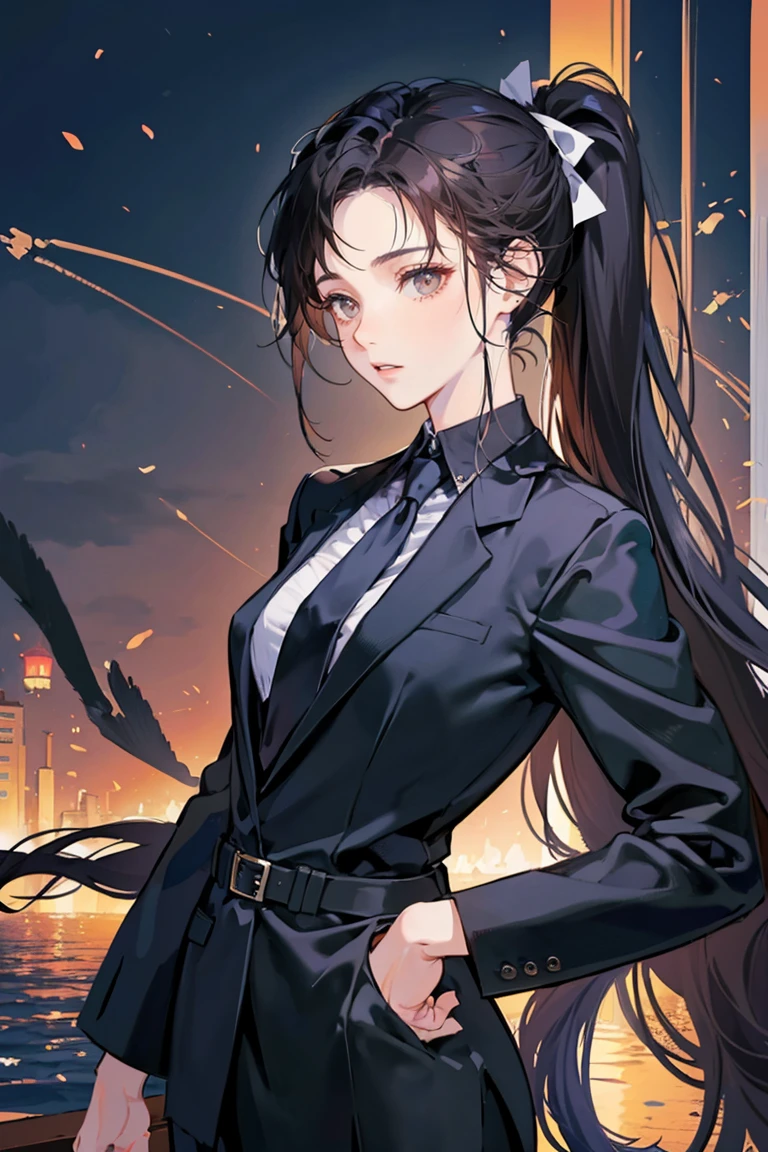 anime - (masterpiece), best quality, small eyes, mature face, dark brown eyes, long ponytail dark hair, long mature face, navy blue business suit, black necktie, tall woman, long legs, adult-like female, 1girl, medium sized breast, school background