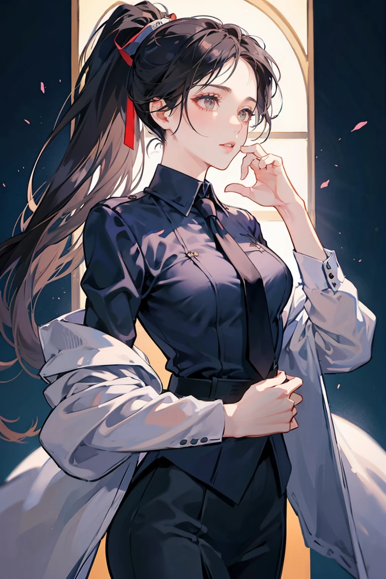 anime - (masterpiece), best quality, small eyes, mature face, dark brown eyes, long ponytail dark hair, long mature face, navy blue business suit, black necktie, tall woman, long legs, adult-like female, 1girl, medium sized breast, school background
