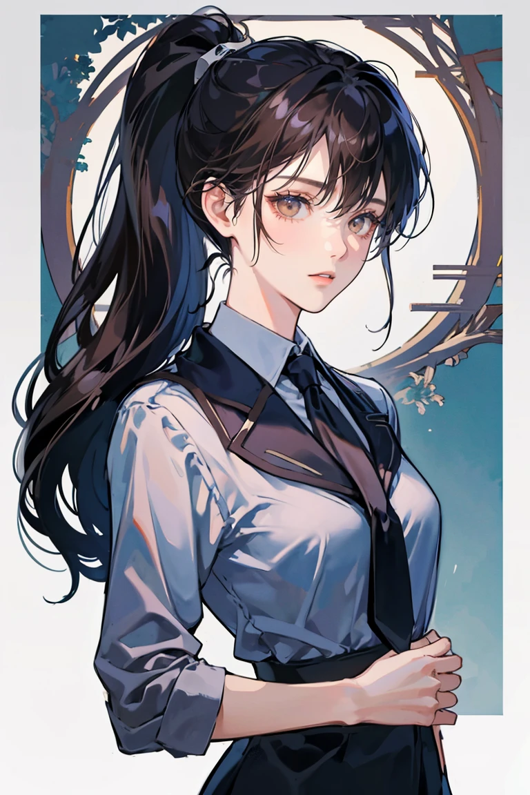 anime - (masterpiece), best quality, small eyes, mature face, dark brown eyes, long ponytail dark hair, long mature face, navy blue business suit, black necktie, tall woman, long legs, adult-like female, 1girl, medium sized breast, school background
