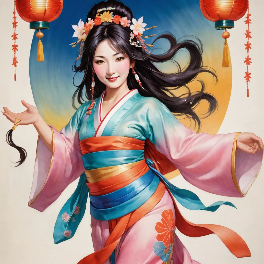 Ame-no-Uzume, the Shinto goddess from Kojiki, depicted in a realistic style. She is a cheerful and bright figure, known for her dance to coax Amaterasu out of the cave. She is portrayed as a beautiful woman with flowing, lush hair that moves gracefully with her dance. She wears vibrant, colorful garments that enhance her movements and add to her radiant appearance. Her expression is joyful and lively, with a captivating smile that brings happiness and energy to those around her. She is adorned with elaborate jewelry, emphasizing her divine and festive nature. The background is lively and celebratory, reflecting her role in bringing light and joy.