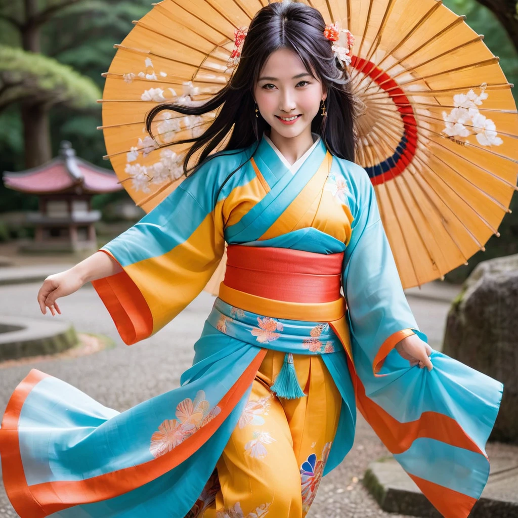 Ame-no-Uzume, the Shinto goddess from Kojiki, depicted in a realistic style. She is a cheerful and bright figure, known for her dance to coax Amaterasu out of the cave. She is portrayed as a beautiful woman with flowing, lush hair that moves gracefully with her dance. She wears vibrant, colorful garments that enhance her movements and add to her radiant appearance. Her expression is joyful and lively, with a captivating smile that brings happiness and energy to those around her. She is adorned with elaborate jewelry, emphasizing her divine and festive nature. The background is lively and celebratory, reflecting her role in bringing light and joy.