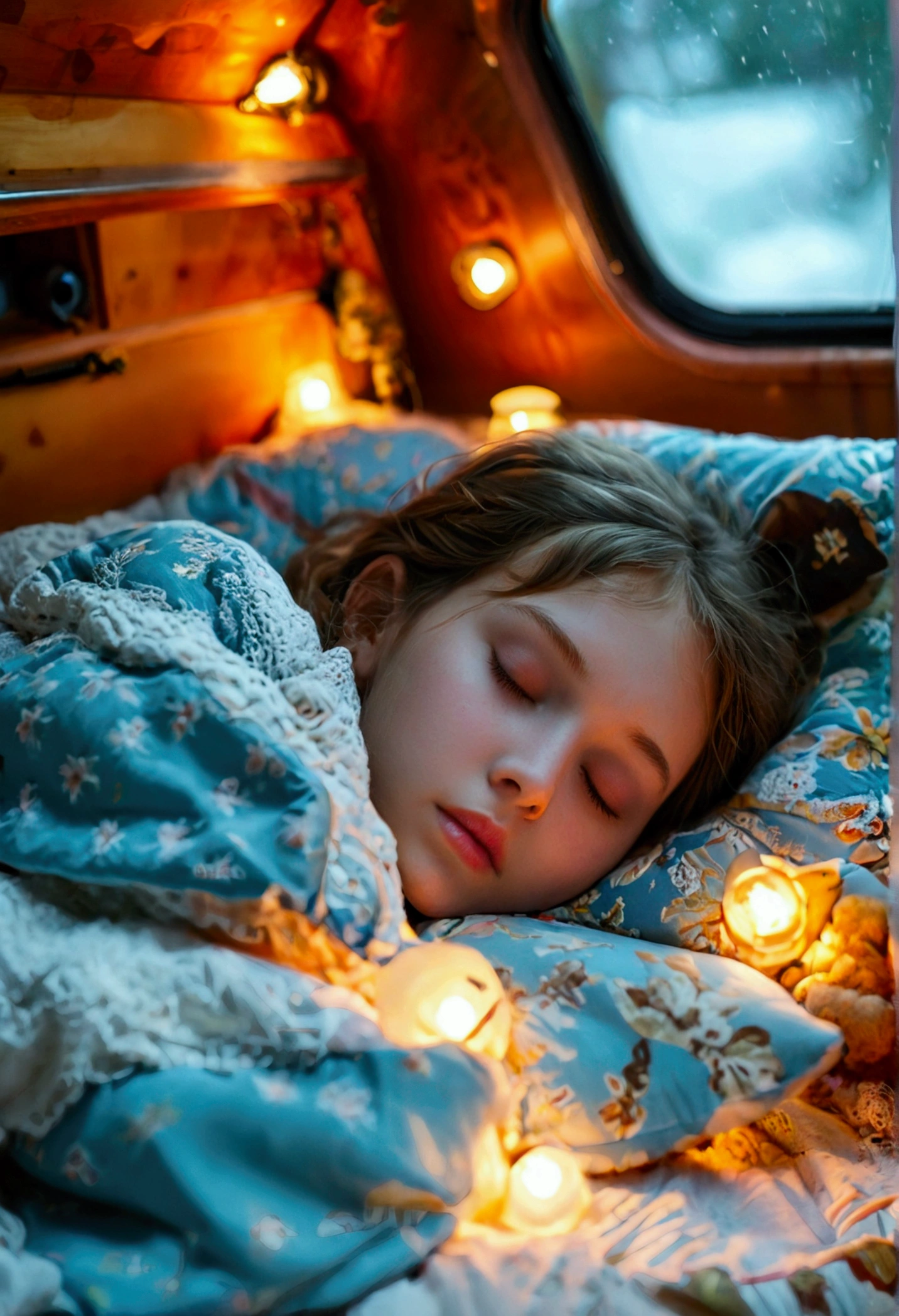 Girl sleeps in bed camper car, Put your head on the pillow, Full body image