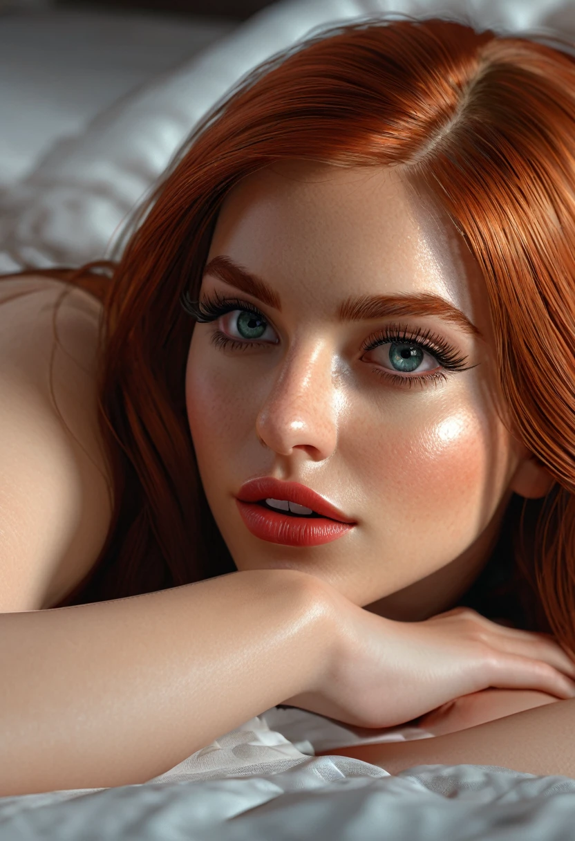 1girl, beautiful detailed eyes, beautiful detailed lips, extremely detailed face and eyes, long eyelashes, redhead, nude, holding the butt of 1girl lying on bed, embarrassed expression, lingerie, high quality, 4k, 8k, realistic, photorealistic, masterpiece, ultra-detailed, physically-based rendering, vivid colors, natural lighting
