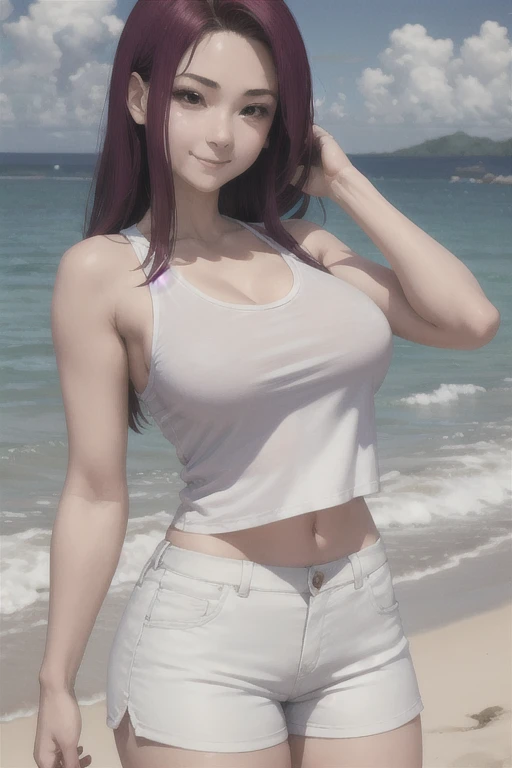 masterpiece, best quality, sakaki ryouko, pink tanktop, white short pants, large breasts, beach, furrowed brow, smile,