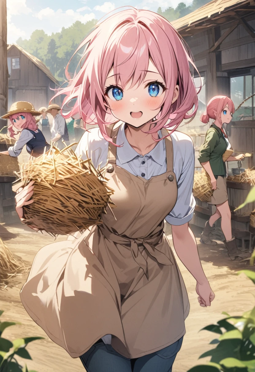 farmer、Farm Fork、Bundles of straw、Pink haired woman、blue eyes