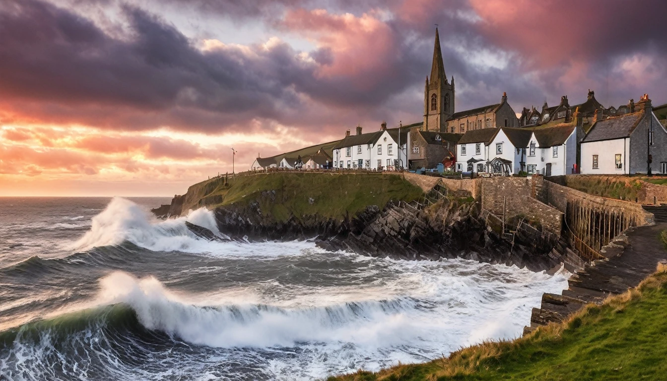 A beautiful old English fishing village with giant waves crashing over the sea wall, there's a church on the hill, it is sunset and the clouds are red,