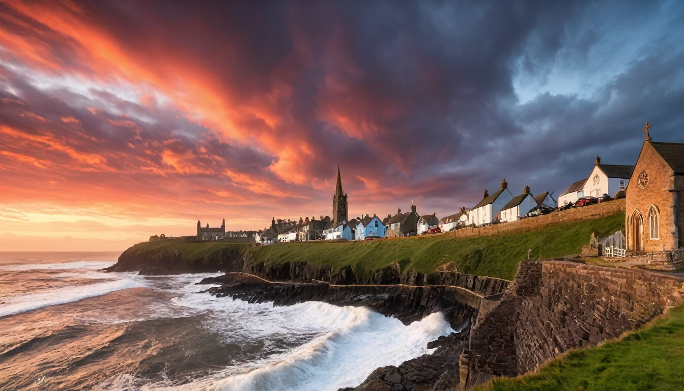 A beautiful old English fishing village with giant waves crashing over the sea wall, there's a church on the hill, it is sunset and the clouds are red,