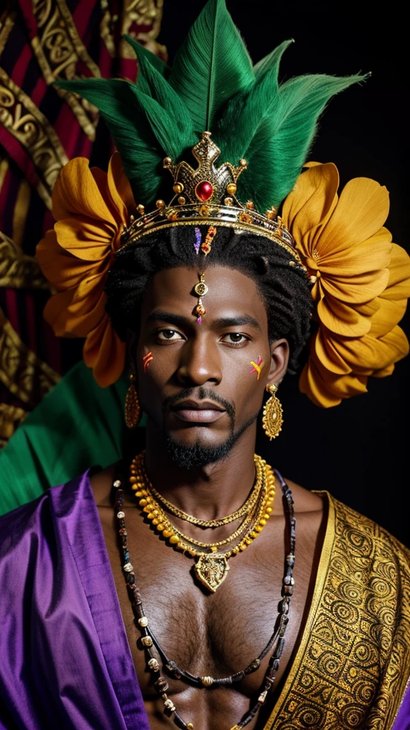 Illustrate a regal king in vibrant, traditional Voodoo attire with a crown incorporating symbols like the Veve. The background should include elements of Voodoo culture and rituals.