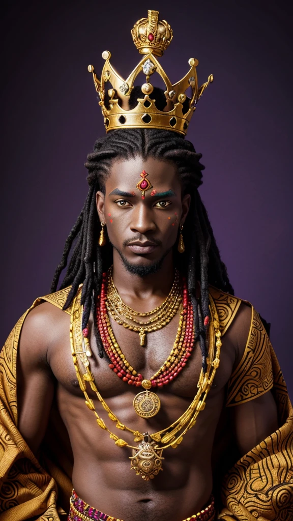 Illustrate a regal king in vibrant, traditional Voodoo attire with a crown incorporating symbols like the Veve. The background should include elements of Voodoo culture and rituals.