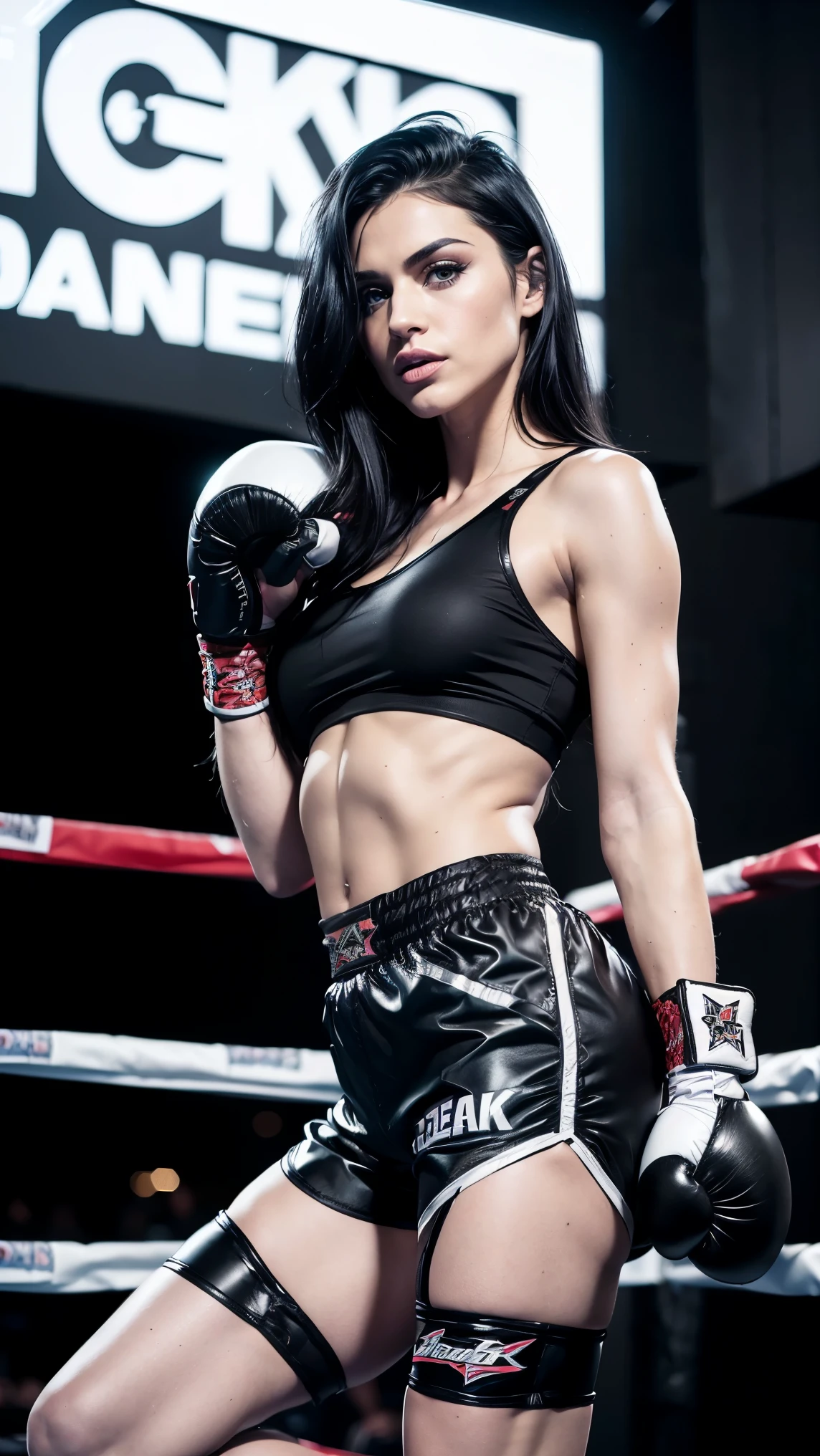 Beautiful Caucasian rockstar, sexy attractive face, ((black boxing shorts:1.3)), ((sexy boxing shorts:1.3)), ((boxing boots)), ((jet-black hair)), ((full breasts)), wearing pointed high-heeled knee high boots
