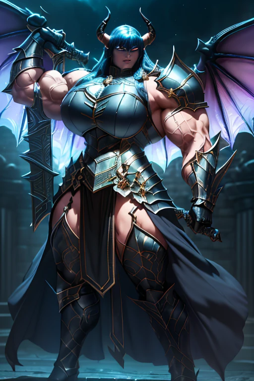 ((Massive beautiful, buff, pale white skinned muscular dark paladin woman with royal blue hair, giant demon wings, black lipstick, ginormous bulky muscles, carrying a giant sword and wearing full black demonic paladin knight armored with a long tiered skirt)), ((close view)), large breast, massive muscles, massive biceps, hyper muscle shoulders, (giant demon wings), hyper muscle triceps, (long curly wavy hair), white eyes, (demon Paladin boots), (demon armor), (long tiered skirt), breastplate, (demonic gauntlets), (Shoulder armor), closed smile, (in a fire hellish castle), (Dark and moody universe:1.3), Vascular arms, hyper muscles arms, hyper muscle legs, massive buff arms.
