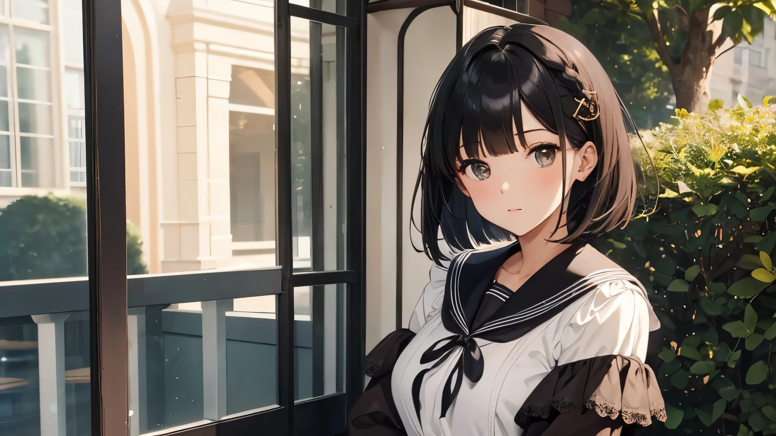 A beautiful woman wearing a brown sailor suit with lots of frills and lace Long sleeve Black bob with hair ornament Upper Body