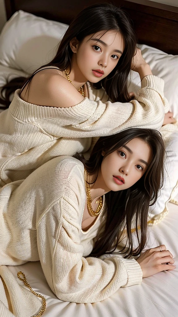 One Girl,Beautiful woman, Lie down in bed,Wear a white sweatshirt,Long Hair, Wear a gold necklace