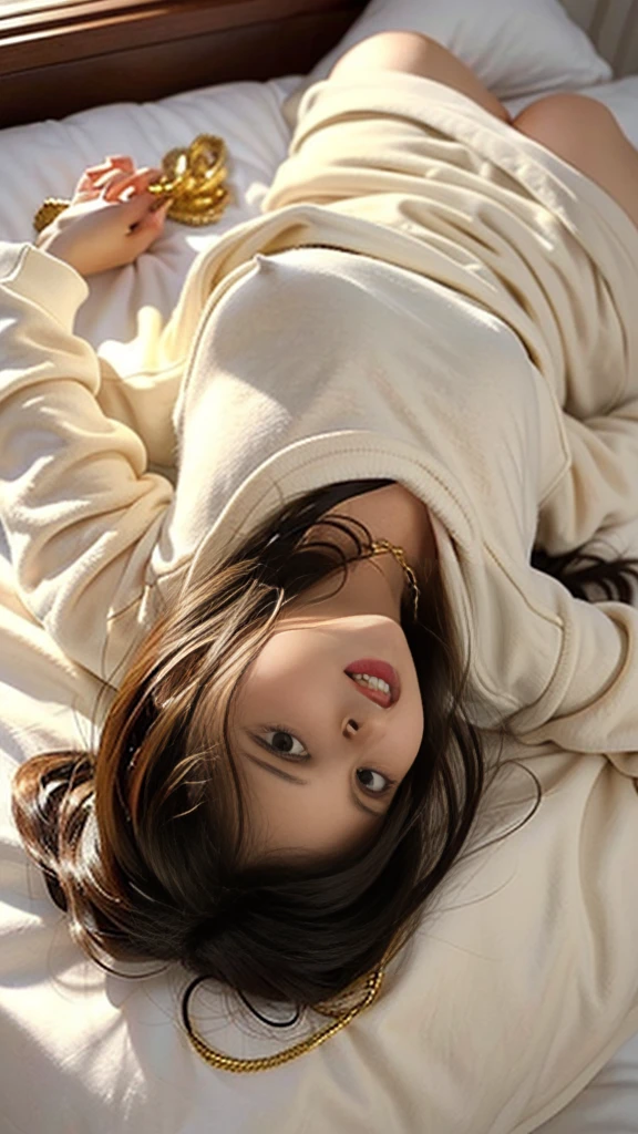 One Girl,Beautiful woman, Lie down in bed,Wear a white sweatshirt,Long Hair, Wear a gold necklace