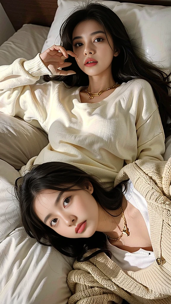 One Girl,Beautiful woman, Lie down in bed,Wear a white sweatshirt,Long Hair, Wear a gold necklace