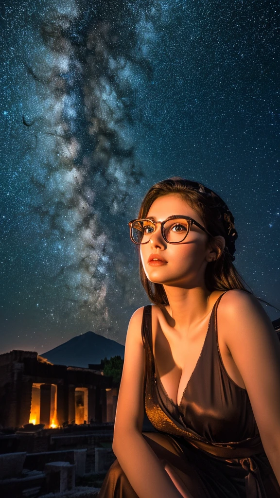 (8k, highest quality, masterpiece:1.2),(highest quality:1.0), (Ultra-high resolution:1.0）、Pompeii Ruins、The great eruption of Mount Vesuvius、night、Milky Way、A beautiful girl of half Russian and half Japanese descent、Glasses