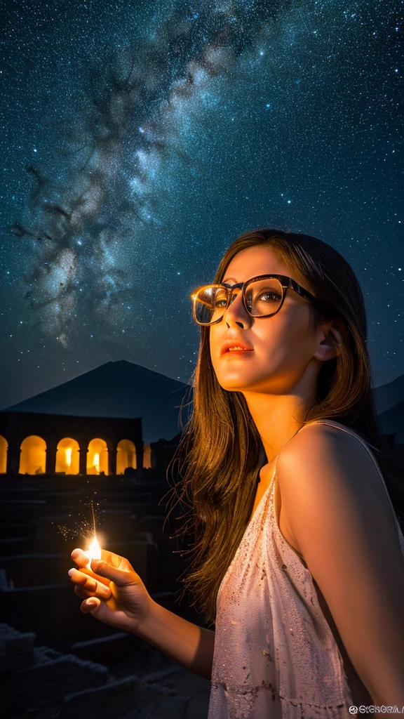 (8k, highest quality, masterpiece:1.2),(highest quality:1.0), (Ultra-high resolution:1.0)、Pompeii Ruins、The great eruption of Mount Vesuvius、night、Milky Way、A beautiful girl of half Russian and half Japanese descent、Glasses
