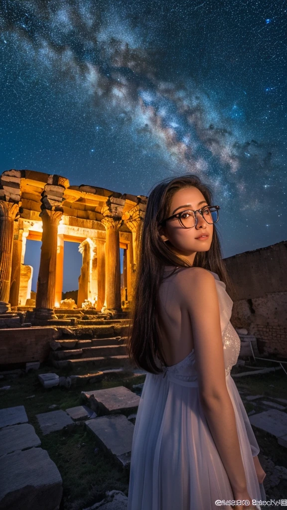 (8k, highest quality, masterpiece:1.2),(highest quality:1.0), (Ultra-high resolution:1.0)、Pompeii Ruins、The great eruption of Mount Vesuvius、night、Milky Way、A beautiful girl of half Russian and half Japanese descent、Glasses