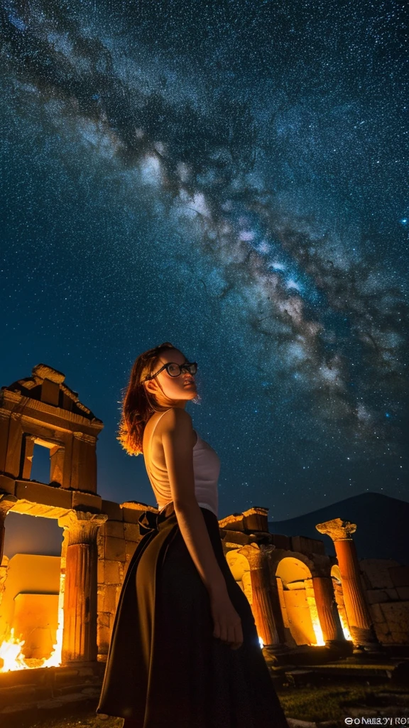 (8k, highest quality, masterpiece:1.2),(highest quality:1.0), (Ultra-high resolution:1.0）、Pompeii Ruins、The great eruption of Mount Vesuvius、night、Milky Way、A beautiful girl of half Russian and half Japanese descent、Glasses