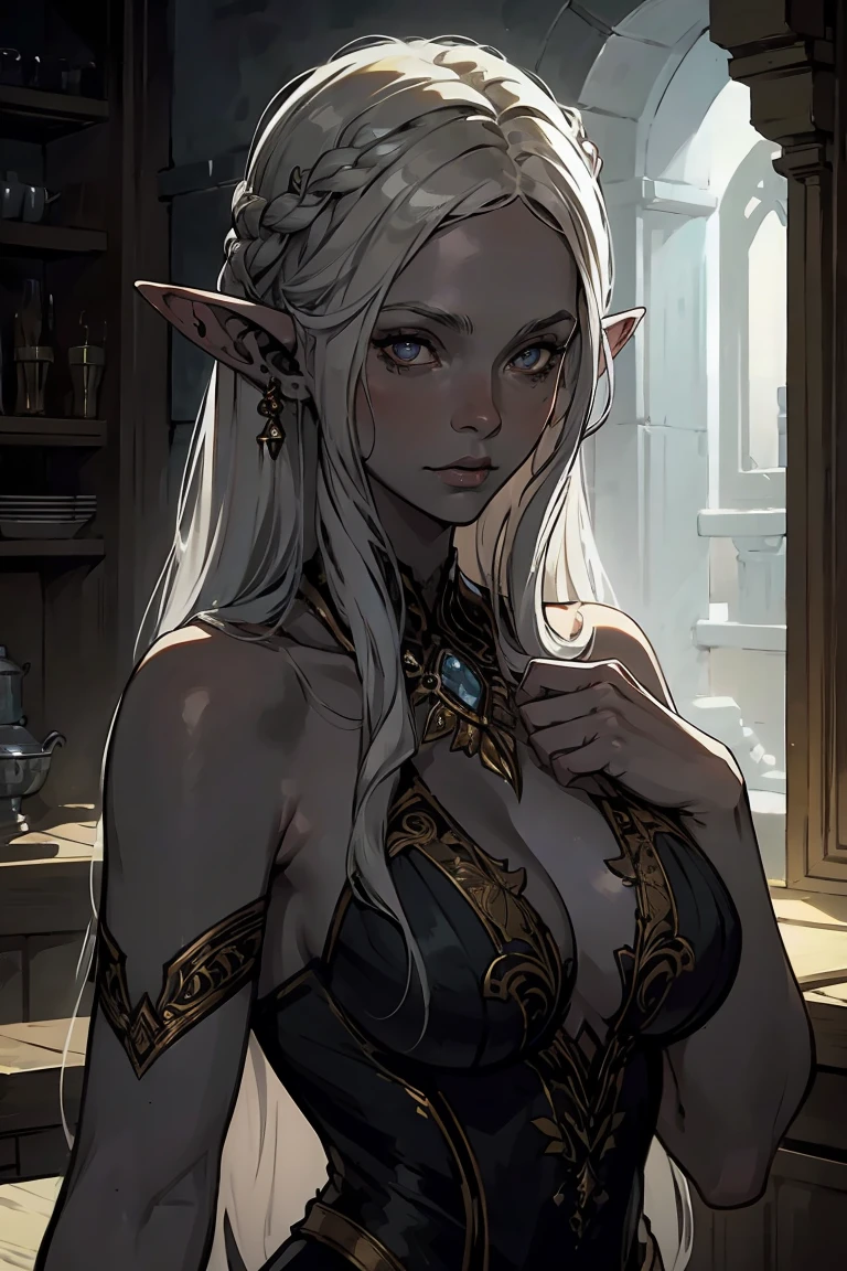 high quality: 1.3, cinematic frame, masterpiece, very detailed portrait, drow (elven long ears), ((Girl with gray skin)) (beautiful young woman), pretty face, fantasy, hairstyle, (long white hair), night, (very detailed skin), detailed background, in kitchen, indoor, soft lighting, tavern crepuscular lighting, volumetric lighting, complex parts, UHD