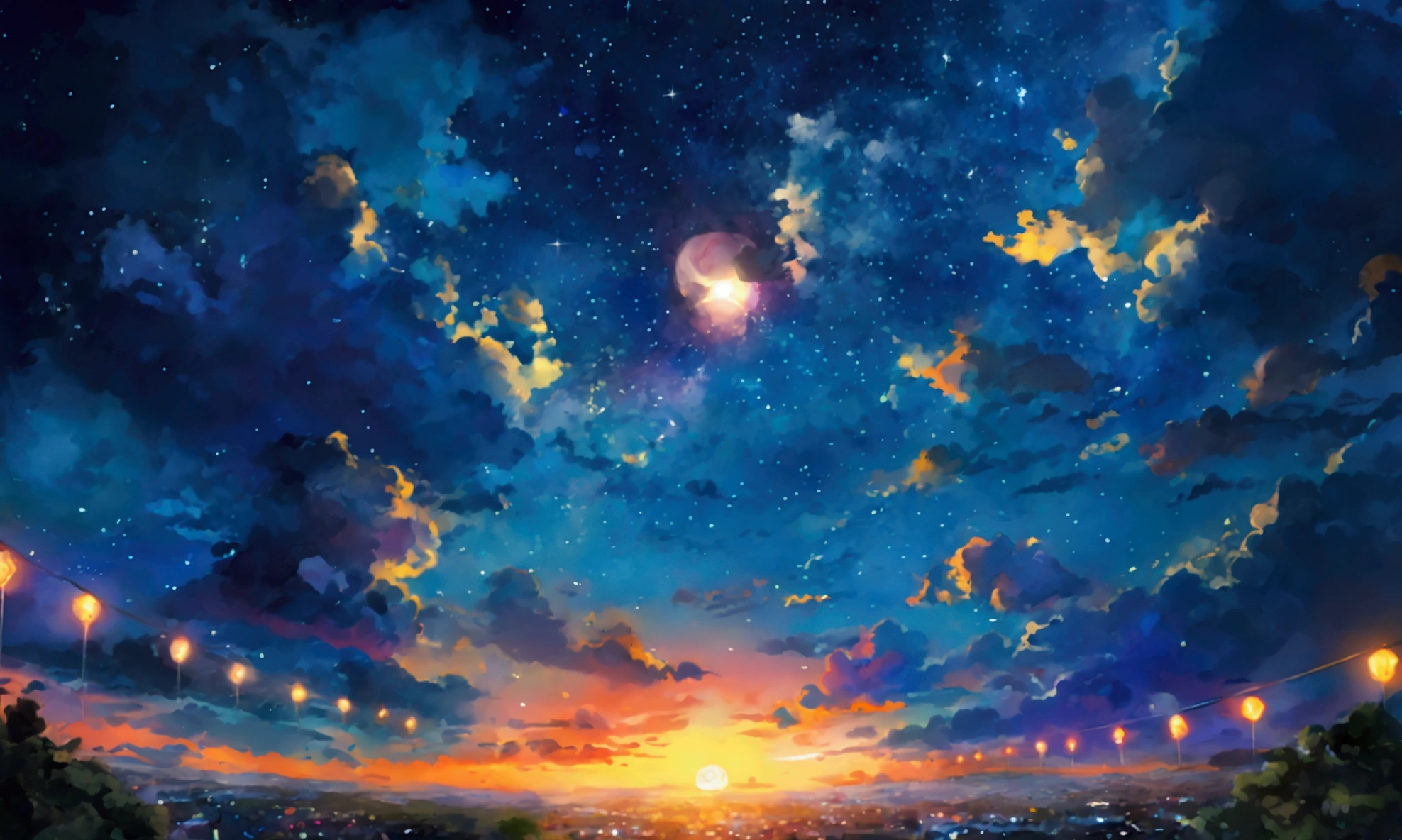 Night sky cute illustration landscape full moon starry sky