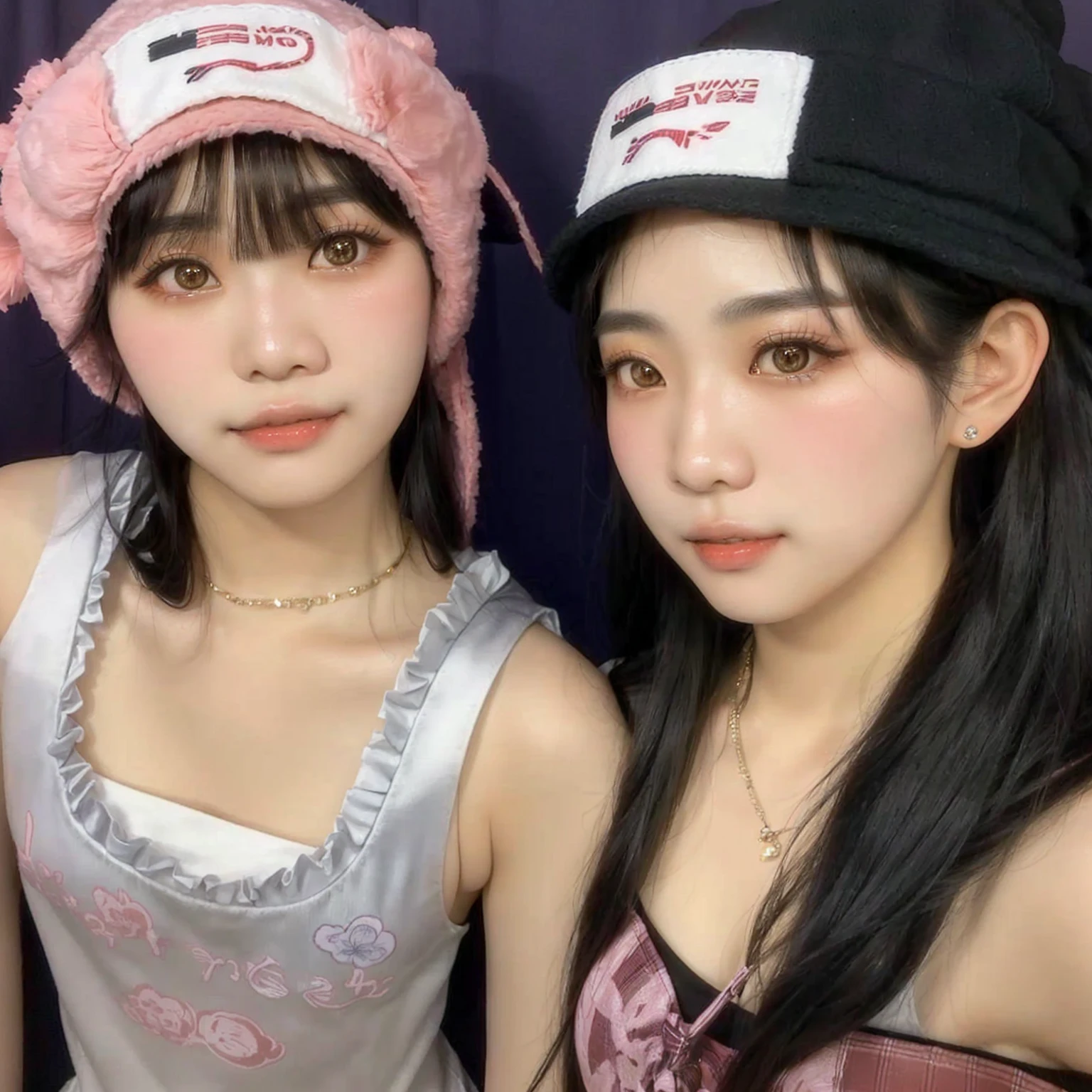 two asian women wearing hats and posing for a picture, yoshitomo nara and aya takano, e-girl, e - girl, nixeu and sakimichan, ulzzang, the hime cut, cutecore, peach and goma style, she has black hair with bangs, wearing a chocker and cute hat, with cute - fine - face