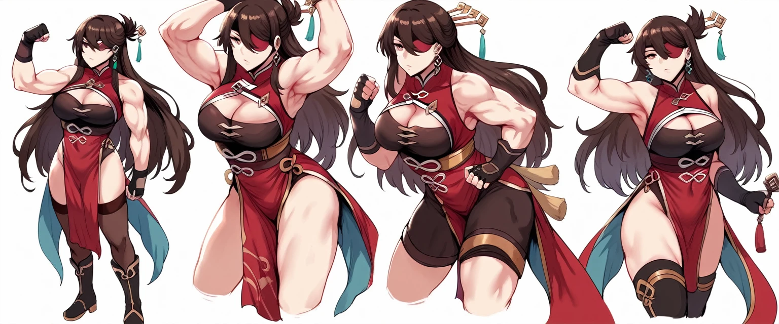Hews style, 1girl, beidou_(genshin_impact), breasts, solo, long_hair, gloves, cleavage, thighhighs, eyepatch, muscular_female, muscular, fingerless_gloves, brown_hair, earrings, dress, hair_ornament, jewelry, biceps, large_breasts, black_gloves, cleavage_cutout, clothing_cutout, pelvic_curtain, chinese_clothes, bare_shoulders, white_background, simple_background, hairpin, boots, hair_stick, red_dress, flexing