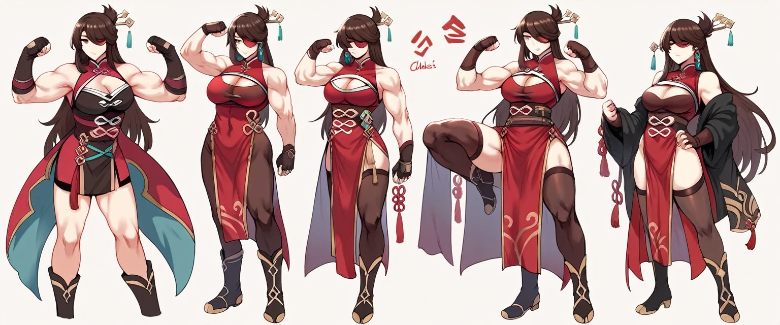 Hews style, 1girl, beidou_(genshin_impact), breasts, solo, long_hair, gloves, cleavage, thighhighs, eyepatch, muscular_female, muscular, fingerless_gloves, brown_hair, earrings, dress, hair_ornament, jewelry, biceps, large_breasts, black_gloves, cleavage_cutout, clothing_cutout, pelvic_curtain, chinese_clothes, bare_shoulders, white_background, simple_background, hairpin, boots, hair_stick, red_dress, flexing