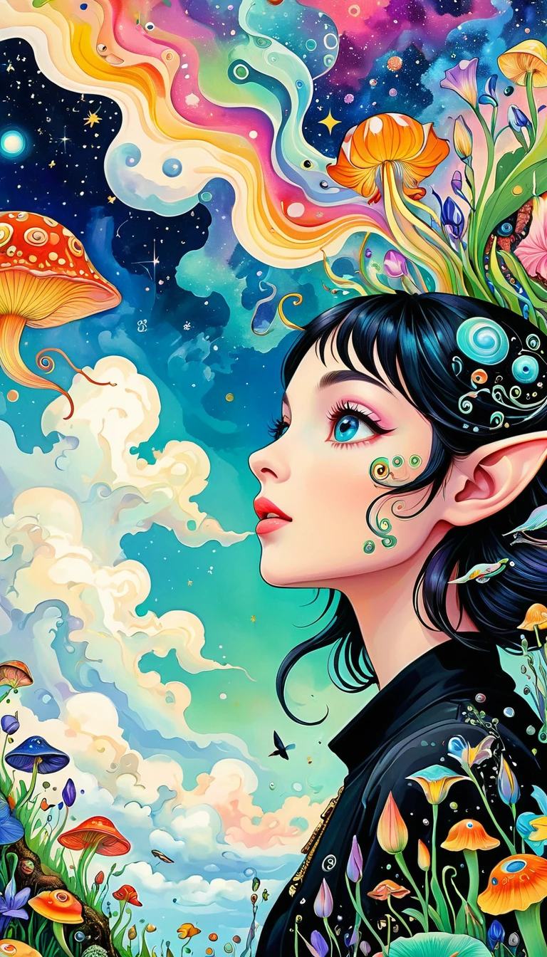 Psychedelic illustration, Color illustrations, Whimsical and psychedelic, Three-dimensional painting。The elf looking up at the sky,天空中的Eye,Artists from the stars,Colorful black,A world of color,Dopamine,mouth,A cloud、snails、iris、fish、Tentacles、bird、Eye、diatom,Abstract mosaic painting,Describing the inner world of autism,Sense of space,White Space,interesting,Innocence,Psychedelic Art,Black overall