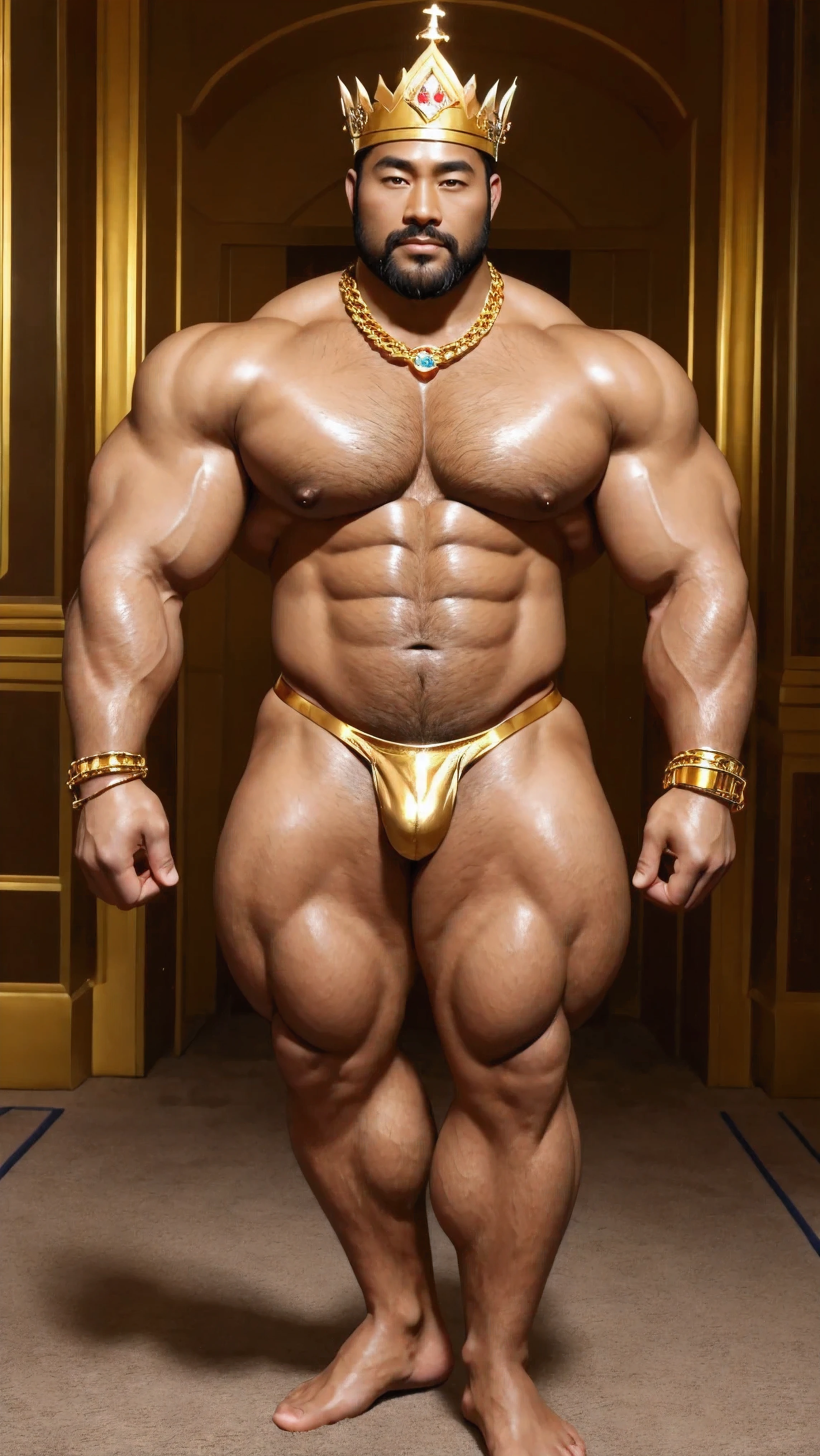 There is only one handsome Asian king in the photo，35 years old，tall, Wearing a golden crown，Crown inlaid with gemstones，Fitness，Smooth body，Smooth skin，No chest hair，short hair, O-Shaped Beard，Perfect body, Dark skin color，Radiant Skin，Smooth skin，Shiny, shiny skin，Smooth pectoral muscles，Muscle bulge, muscular, Very large pectoral muscles，Very sexy abdominal muscles，Very well-developed leg muscles，Huge concave and convex area，Brightens oily skin，Wearing a shiny gold leather thong，Handsome face，Normal human toes，Correct and accurate male body proportions，Gold Collar，Gold bracelet，Gold anklets，Standing in the magnificent palace，Epic。
