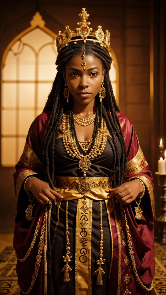 Create an image of a distinguished king in elaborate Santeria-inspired garments with a crown featuring symbols like the Orisha. The setting should include elements of Santeria culture and altars.